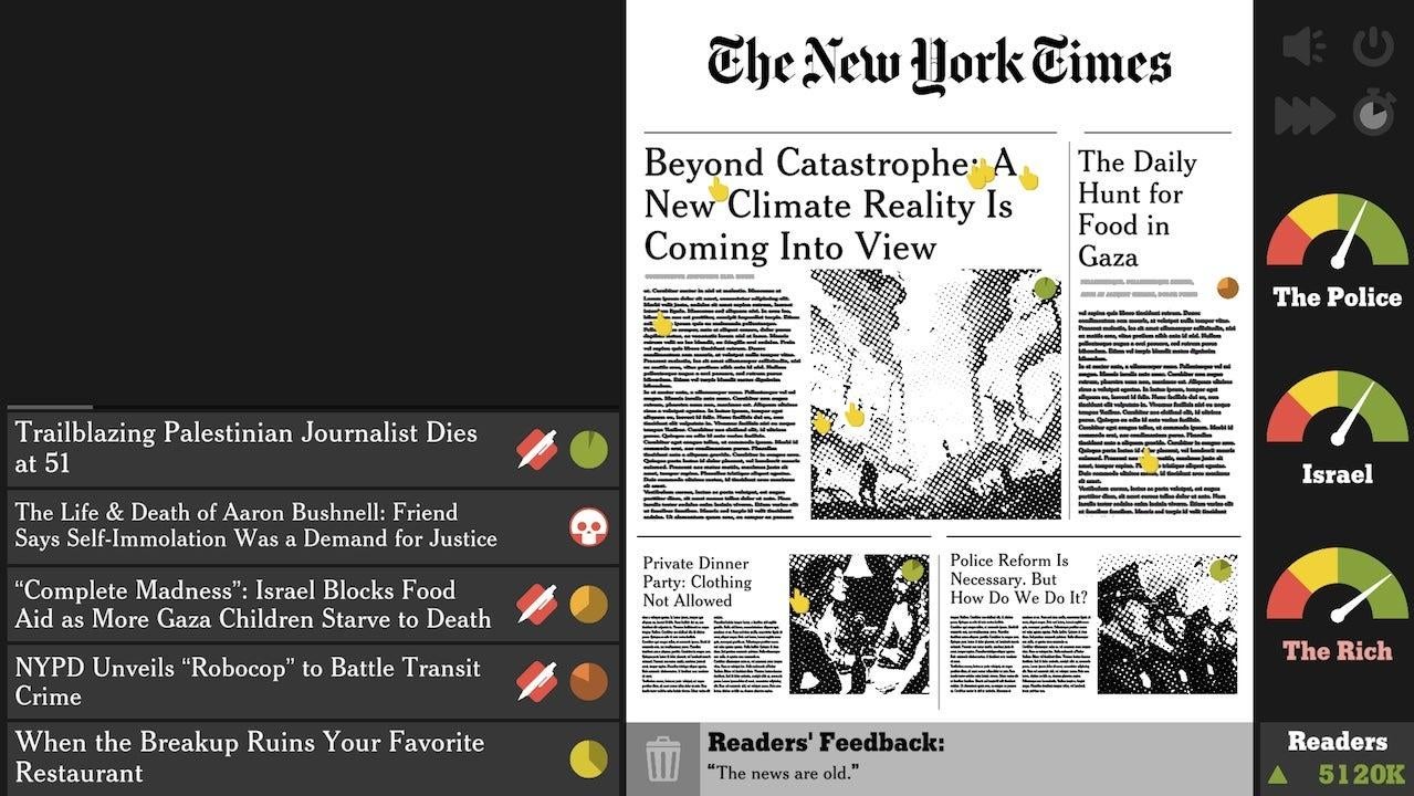 The New York Times Simulator screen displays stories in prompts and on the front page of the newspaper